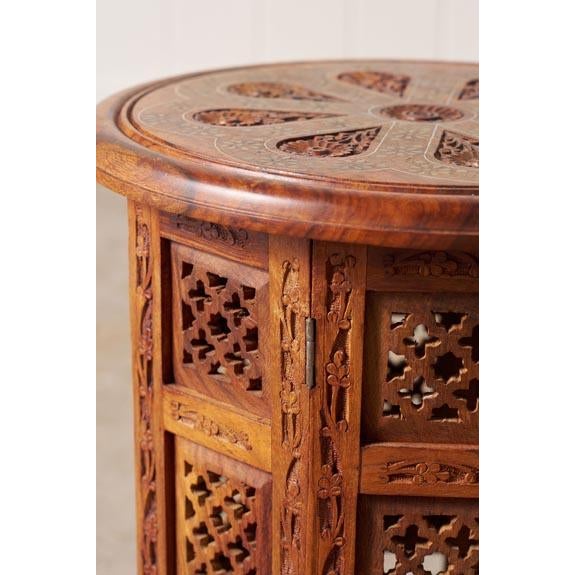 Late 19th Century Petite Vintage Anglo Indian Octagonal Table With Floral Carvings + Brass Inlay For Sale - Image 5 of 5