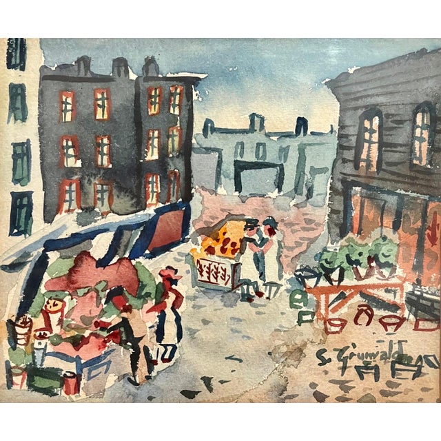 1940s Samuel Grunvald, 1940's American WPA Modernist New York City Watercolor Painting Tenement Market, c.1940s For Sale - Image 5 of 8