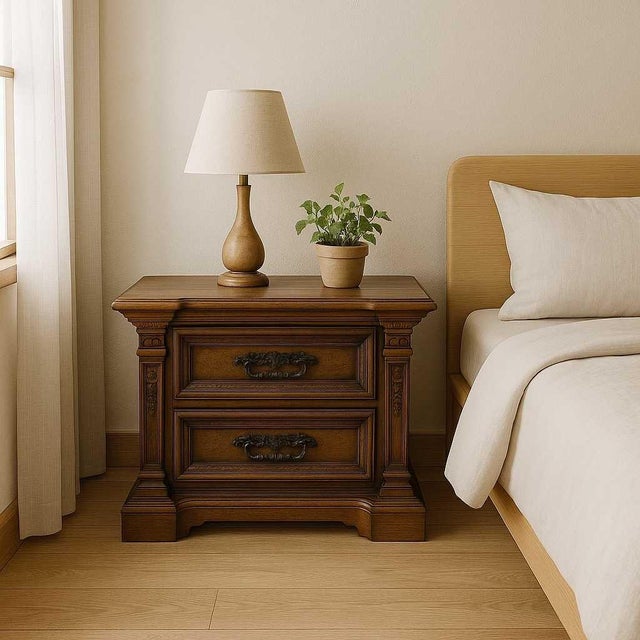 Traditional Late 20th Century Pair of Traditional Carved Wood Two-Drawer Nightstands For Sale - Image 3 of 18
