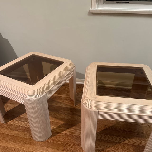vintage pair of pencil Reed Cerused End tables from the 70/80’s ,pair was purchased from an interior designer who had them...