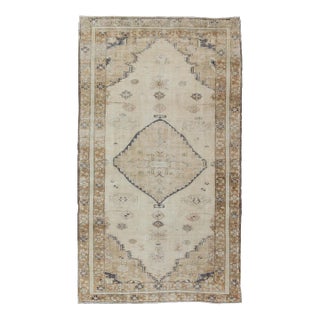 Cream and Taupe Midcentury Turkish Oushak Rug With Etched Medallion Design For Sale