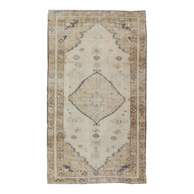 Cream and Taupe Midcentury Turkish Oushak Rug With Etched Medallion Design For Sale