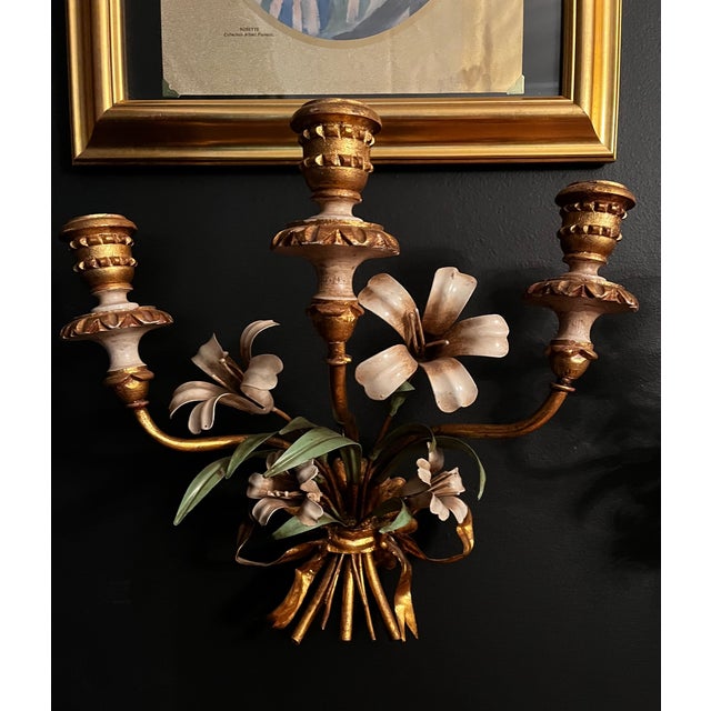 Gold Italian Tole Floral Gilt Sconces - A Pair For Sale - Image 8 of 9
