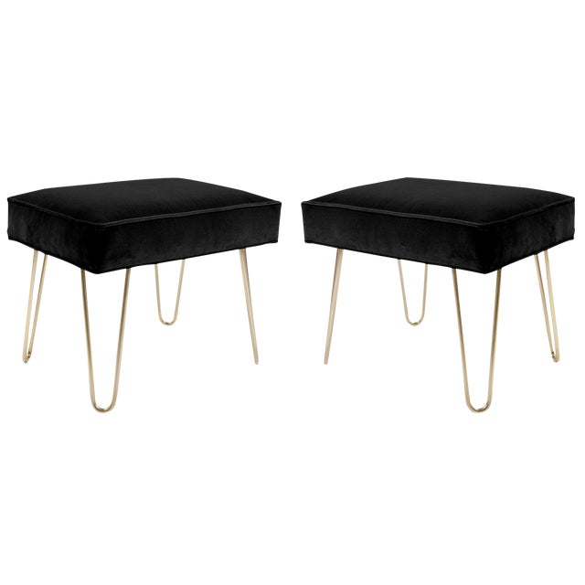 Brass Hairpin Ottomans in Noir Velvet - A Pair For Sale
