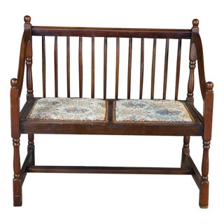 Vintage American Country Farmhouse Mahogany Settee Bench Needlepoint Seat For Sale