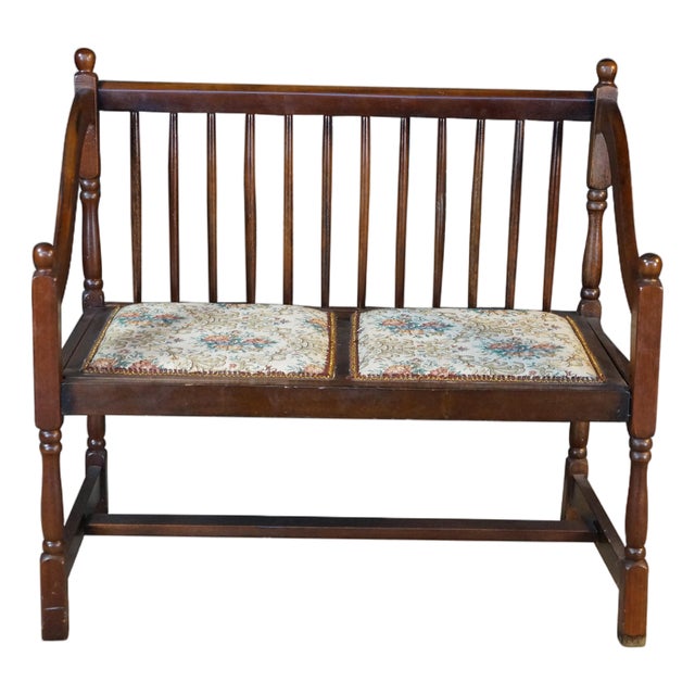 Vintage American Country Farmhouse Mahogany Settee Bench Needlepoint Seat For Sale