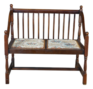 Vintage American Country Farmhouse Mahogany Settee Bench Needlepoint Seat