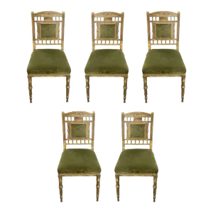 1920s Set of Five American Gilt Wood and Green Velvet Chairs
