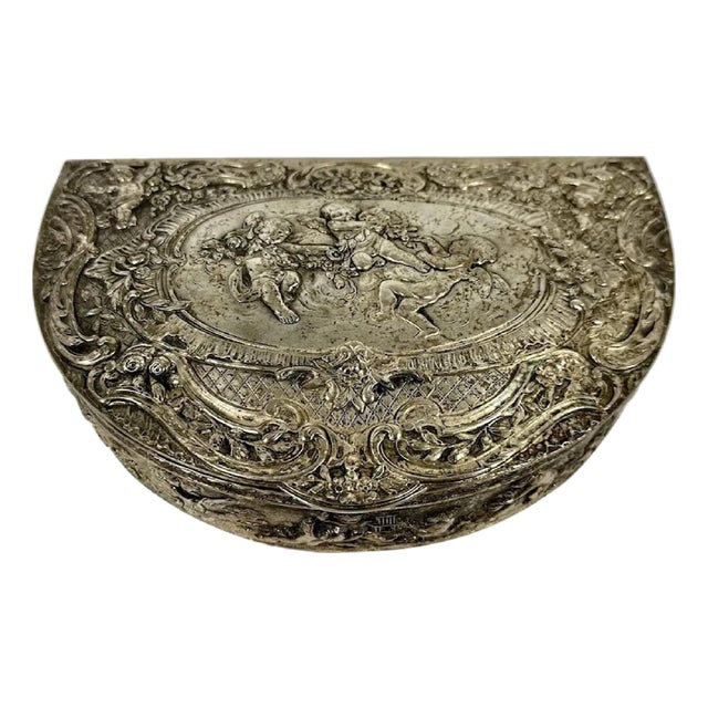 Antique Silverplate Cherub Dresser Box: Repousse Putti Design For Sale