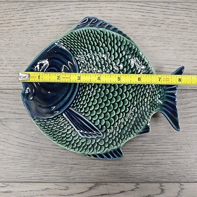 Vintage Olfaire Portugal Majolica Blue/Green Ceramic Fish Shaped Plate For Sale - Image 4 of 5