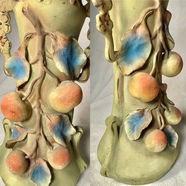 Late 19th Century 1900-1918 Josef Strnact Austria Vase Applied Peach Fruit Bisque Porcelain 14” Art Nouveau For Sale - Image 5 of 12