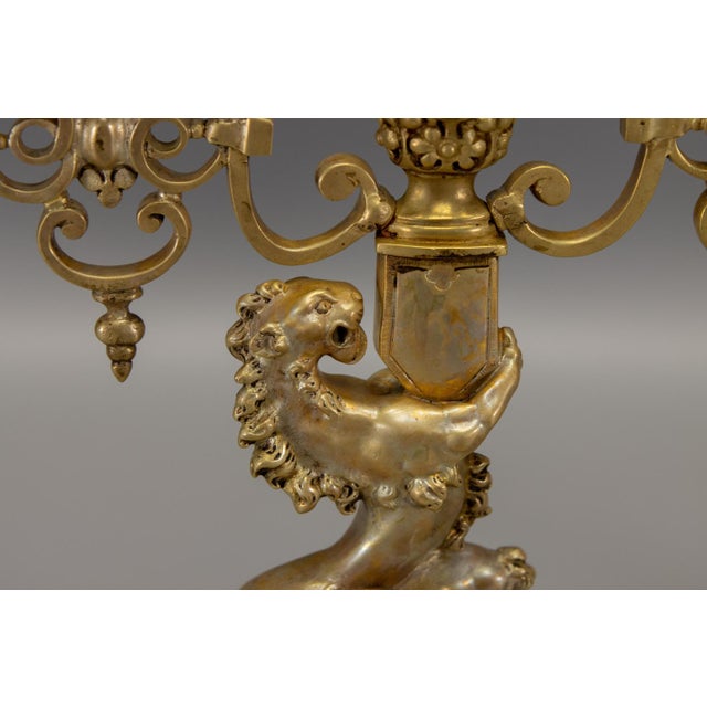 1920s Neo-Gothic French Bronze Candelabras with Heraldic Lions, 1920s, Set of 2 For Sale - Image 5 of 18