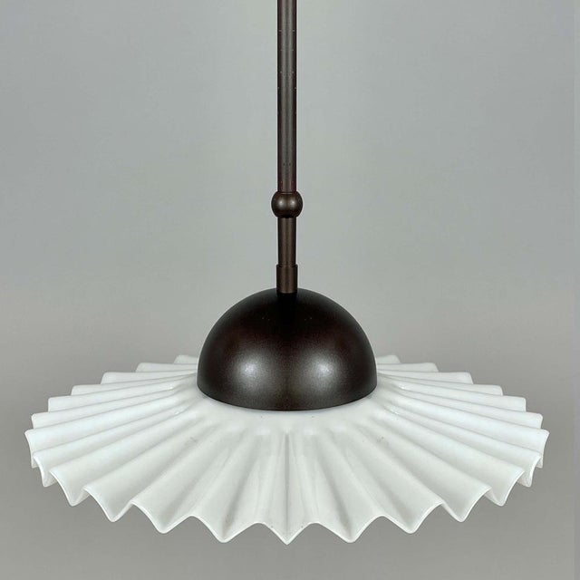 French Art Deco White Opaline Glass and Burnished Brass Pendant, 1940s For Sale - Image 17 of 18