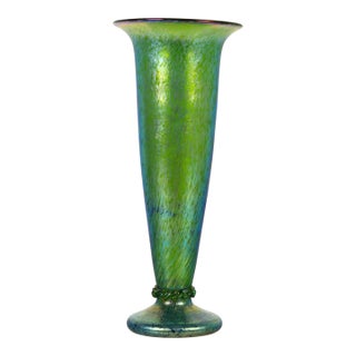 Loetz Blue Green Iridescent Art Glass Trumpet Vase For Sale