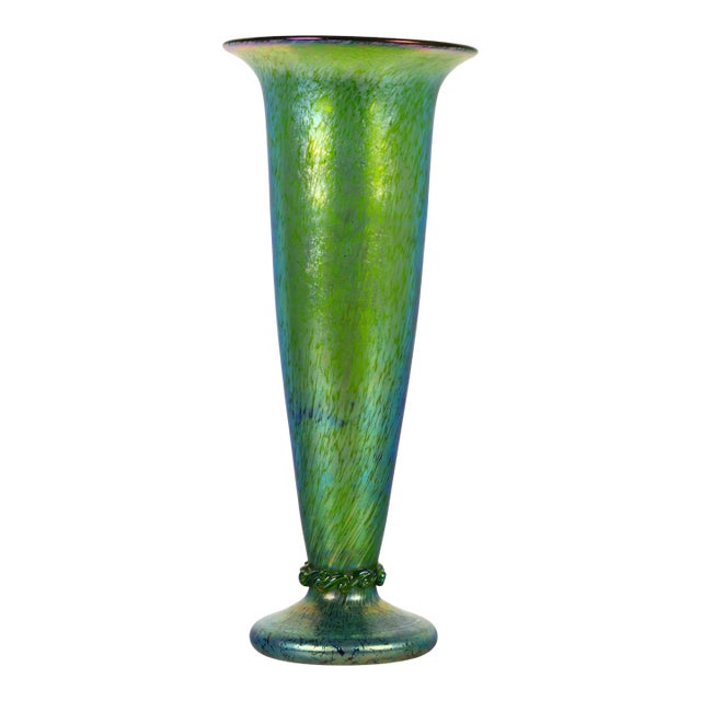 Loetz Blue Green Iridescent Art Glass Trumpet Vase For Sale