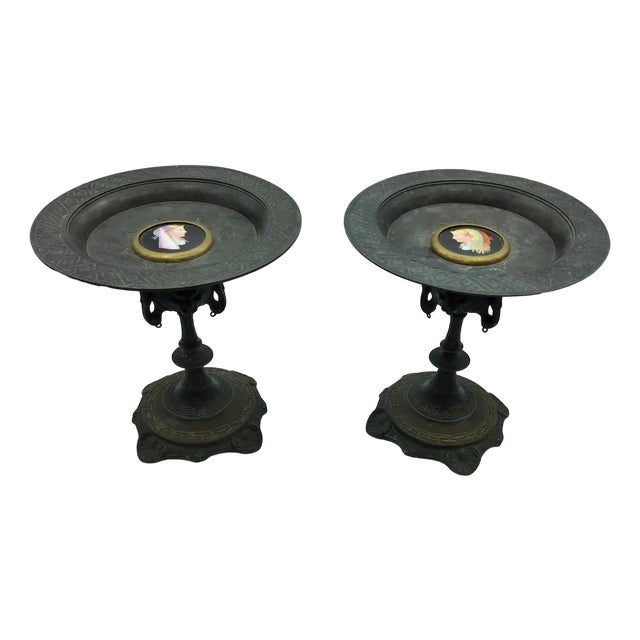 Antique Bronze Tazza with Porcelain Plaques, Set of 2 For Sale