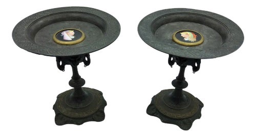 Antique Bronze Tazza with Porcelain Plaques, Set of 2