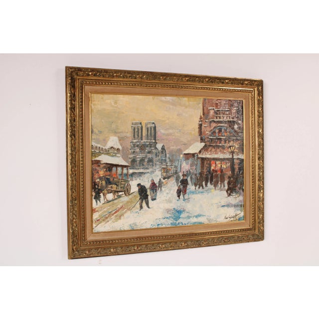 Impressionist Parisian winter scene painting with Notre Dame in the background, in a nice gilt wood frame, signed Le...