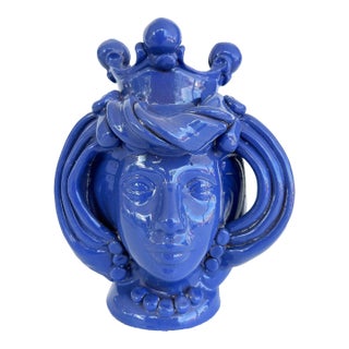 Sicilian Caltagirone Blue Glazed Ceramic Pottery Figurative Vase, Signed For Sale