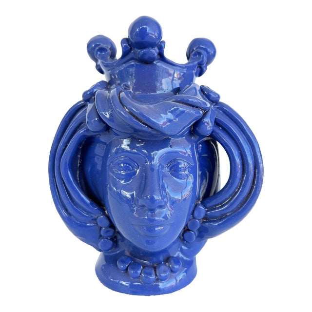 Sicilian Caltagirone Blue Glazed Ceramic Pottery Figurative Vase, Signed For Sale