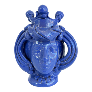 Sicilian Caltagirone Blue Glazed Ceramic Pottery Figurative Vase, Signed