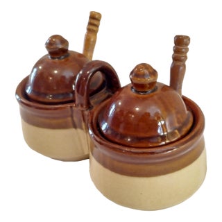 Vintage Stoneware Brown Glaze Double Condiment Jars Houston Foods 21979 - a Pair For Sale