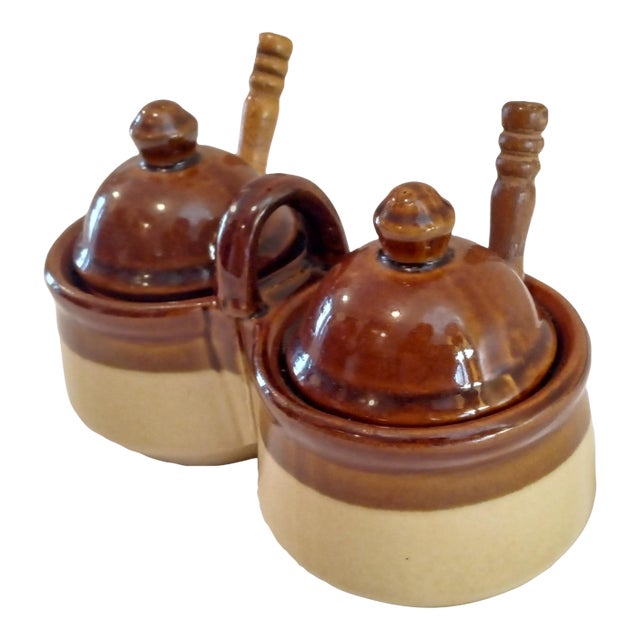Vintage Stoneware Brown Glaze Double Condiment Jars Houston Foods 21979 - a Pair For Sale