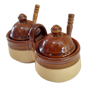 Vintage Stoneware Brown Glaze Double Condiment Jars Houston Foods 21979 - a Pair