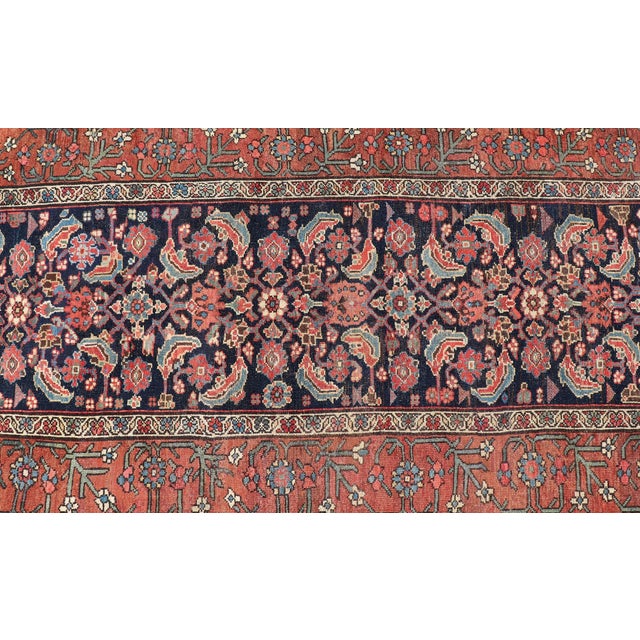 Antique Persian Gallery Malayer Runner in Blue Background With Multi Colors 3'6 X 12'7 For Sale - Image 10 of 12
