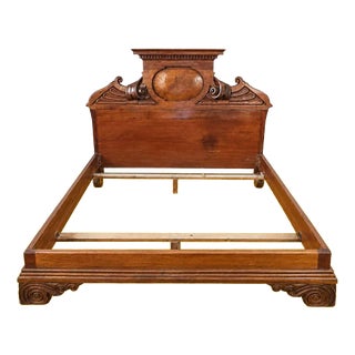 Antique Walnut King Size Bed with Carved Scroll Headboard For Sale