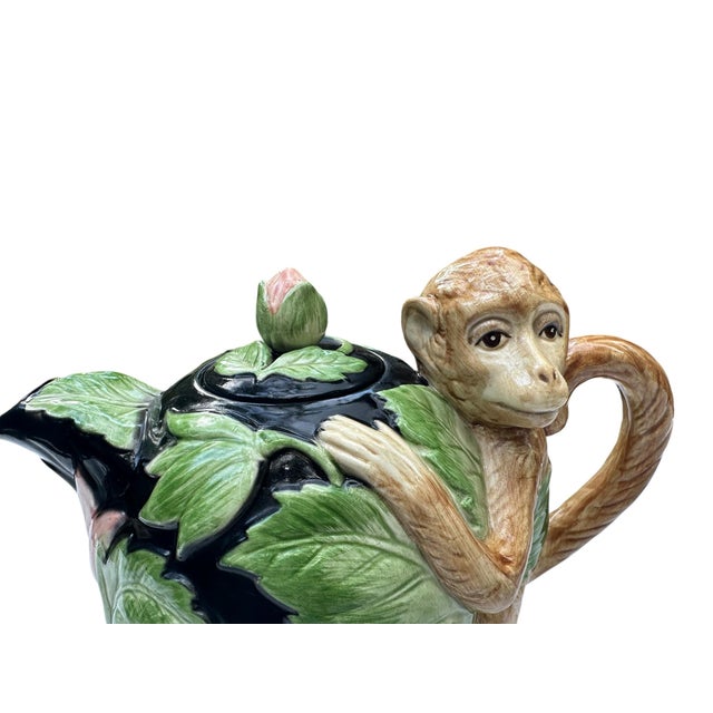 Fitz and Floyd 1986 Vintage Fitz & Floyd Floral Leaves & Monkey Tea Pot For Sale - Image 4 of 12