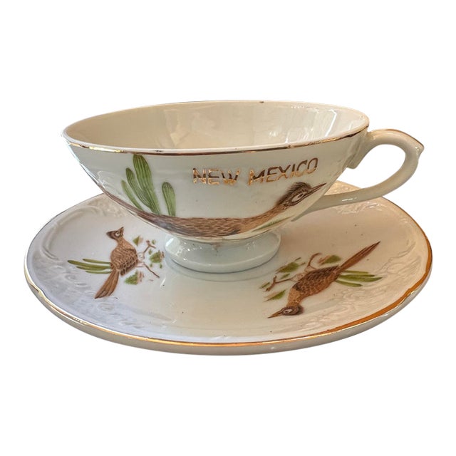 1970s Ceramic New Mexico Teacup and Saucer With Bird Accents For Sale
