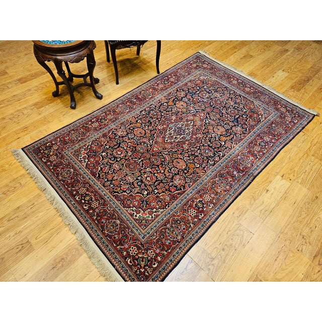 Vintage Persian Kashan Area Rug, Hand-Knotted Wool, Floral Pattern, Red & Navy, 5x7 For Sale - Image 9 of 17