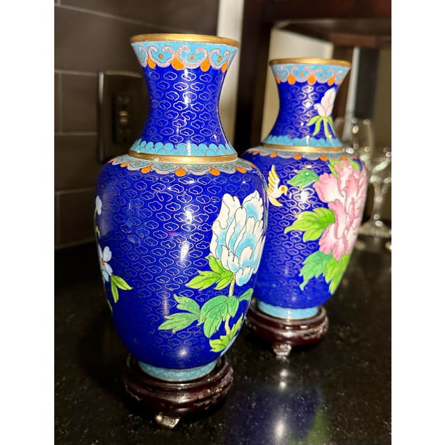 2 Beautiful Vintage Blue Chinese Cloisonné Vases With Floral Motifs on Wooden Stands For Sale In Denver - Image 6 of 6