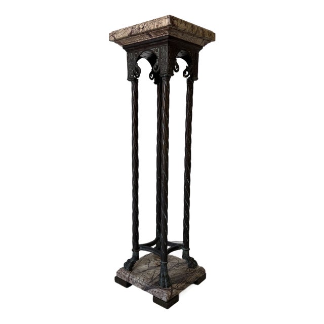 Vintage Neoclassical - Style Brass & Marble Pedestal With Twisted Columns and Claw Feet For Sale