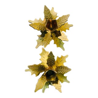 1970s Vintage Traditional Brass Poinsettia Candle Holders-A Pair For Sale