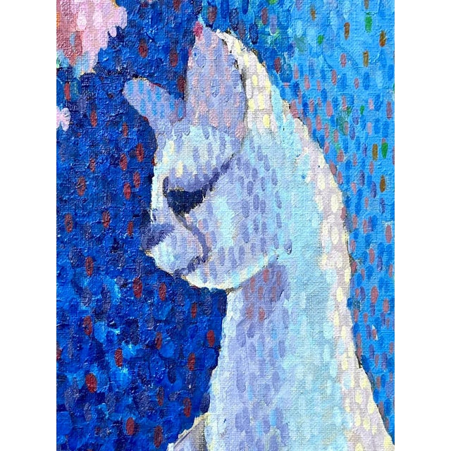 Paint Vintage American Modernist Pointillist Oil Painting of a Cat and Vase of Flowers by Emmalean Baumann For Sale - Image 7 of 9