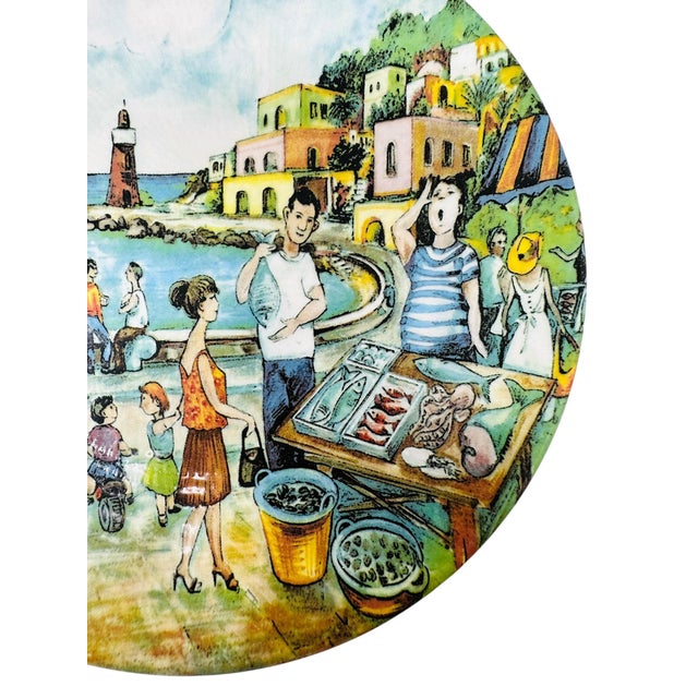 1980s Vintage Brunelli Designs Made in Italy Folk Art Market Scene Ceramic Salad Plates - Set of 6 For Sale - Image 12 of 18