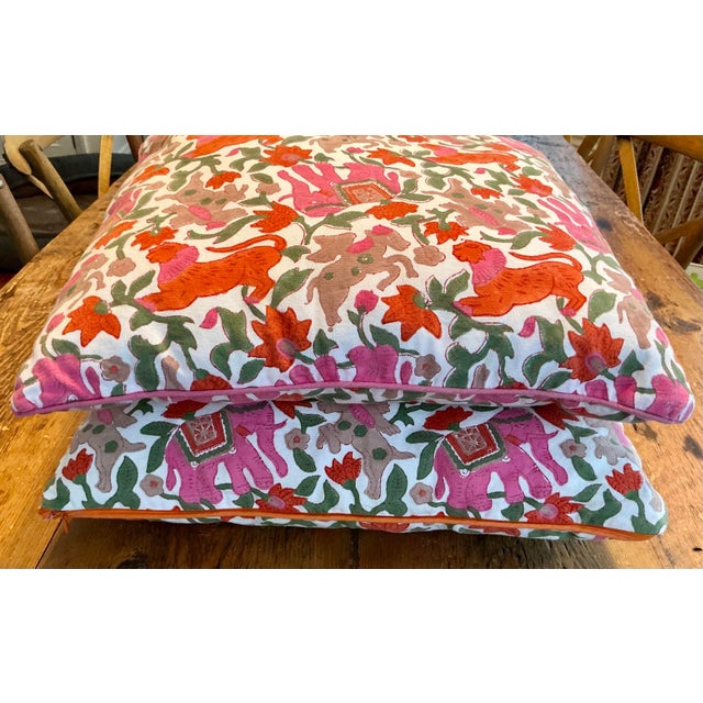 Pair of Roller Rabbit Pillows in Pink and Orange Elephants and Lions For Sale - Image 9 of 12