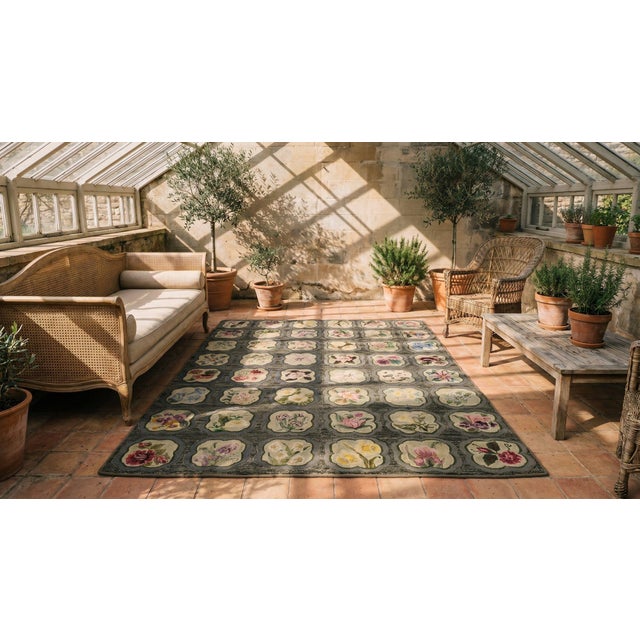 1930s Gray Roses Folk Art Antique American Hooked Rug 5'10" X 7'6" Woven Cotton Carpet For Sale - Image 13 of 15