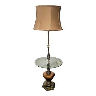 Vintage Hollywood Regency Tall Glass Top Amber Brass Palm Leaf Black Side Table Floor Lamp For Sale