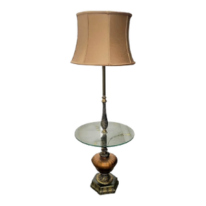 Vintage Hollywood Regency Tall Glass Top Amber Brass Palm Leaf Black Side Table Floor Lamp