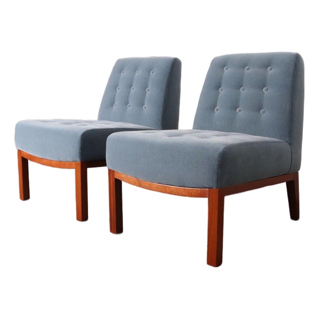 Pair of Mahogany and Blue Mohair Slipper Chairs by Edward Wormley for Dunbar For Sale