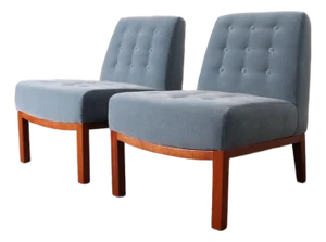 Pair of Mahogany and Blue Mohair Slipper Chairs by Edward Wormley for Dunbar