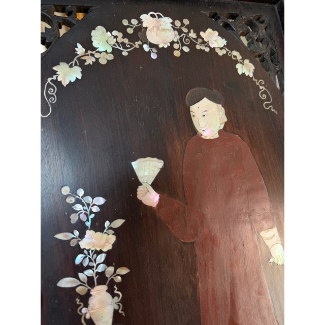 Vintage Vietnamese Mother of Pearl Inlaid Lacquer Wood Panel Openwork Fretwork Frame 18.25"x12.5" For Sale - Image 4 of 14