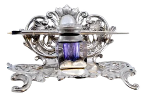 Cut-Out Silver Inkwell with Glass Tank, Monogram Plaque and Pen Holder