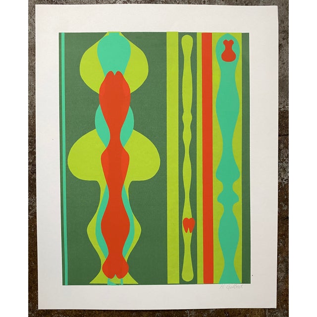 1980s abstract screen print in greens and burnt orange by Henry Gilbert. Pencil signed lower right.