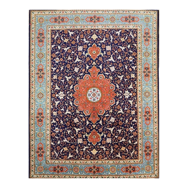 Antique Persian Tabriz Wool 10X13 Navy, Orange & Teal Handmade Area Rug #9902146 For Sale