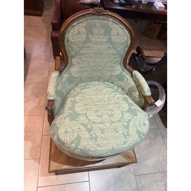 Late 19th Century French Walnut Bergère in Green Cotton Damask For Sale - Image 4 of 16