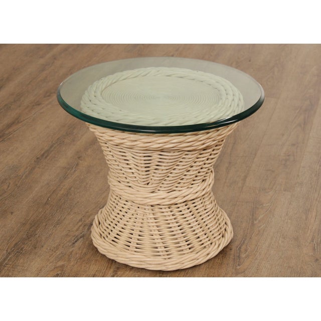 Quality Vintage Round Wicker Rattan Glass Top Side Table For Sale In Philadelphia - Image 6 of 13